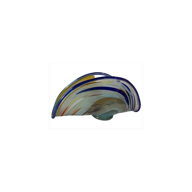 Art Glass Signed Michael Peluso Blue Swirl Clam Shaped Vase For Sale - Image 9 of 14