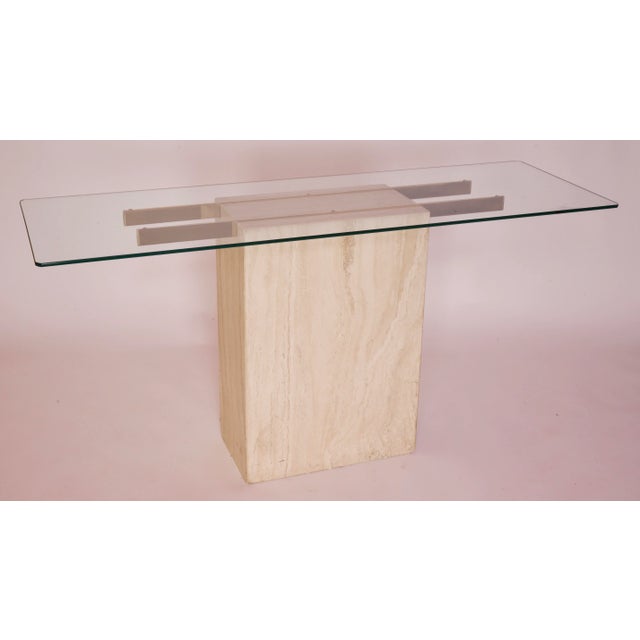 1980s 1980s Italian Travertine Glass and Brass Console Table For Sale - Image 5 of 13