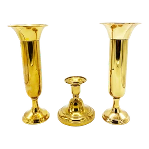 Mid Century Modern Key Solid Gold Tone Metal Table Set - 2 Vases , 1 Candle Holder