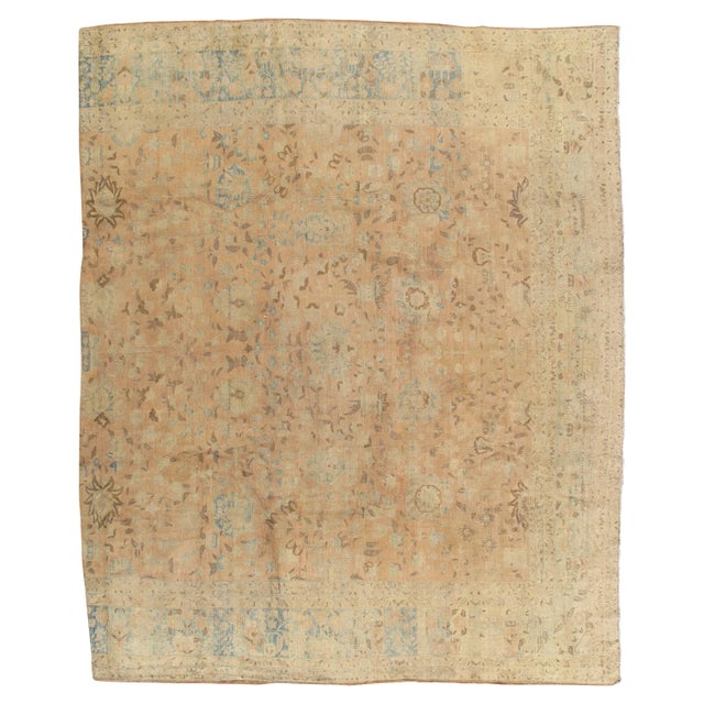 Cream Antique Tabriz Carpet, Handmade Persian Rug in Floral Gold, Light Blue, Taupe For Sale - Image 8 of 18