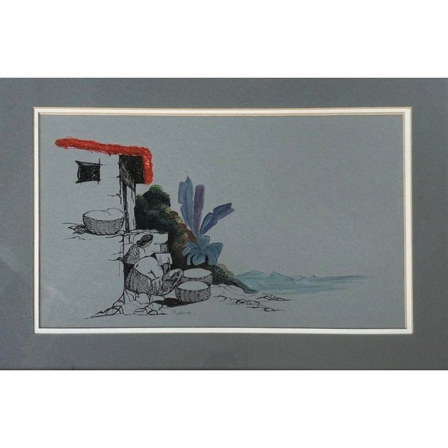 Original mid-century modernist mixed-media illustration featuring a stylized coastal/tropical vernacular scene. Executed...
