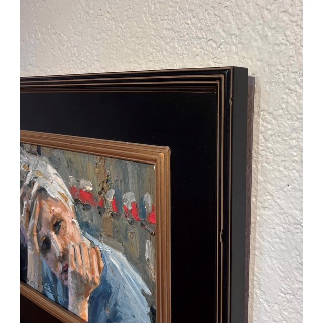 Contemporary Remembered Nights by Clyde Steadman | Oil Painting of a person resting their head on their hand For Sale - Image 3 of 3