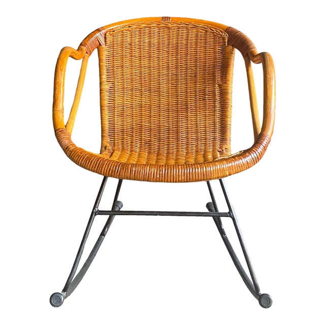 1960s Vintage Wrought Iron Woven Wicker & Rattan Rocking Chair Chairish
