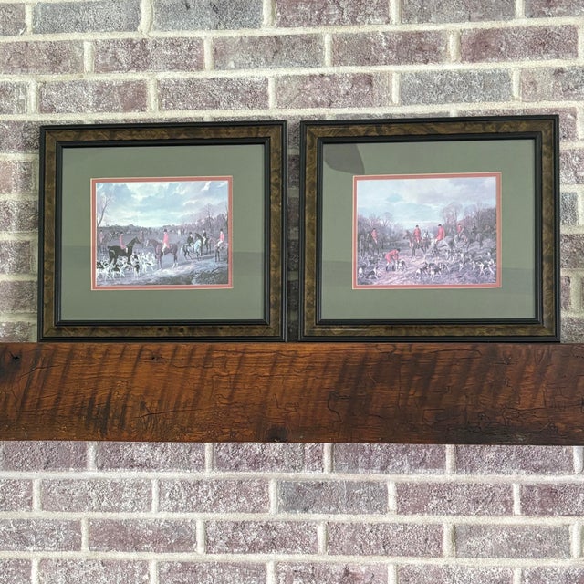 An exceptionally handsome, pre-matched pair of vintage traditional English equestrian fox hunting scene lithograph prints....
