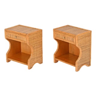 French Riviera Nightstands in Rattan, Wicker and Brass, Italy, 1970s, Set of 2 For Sale
