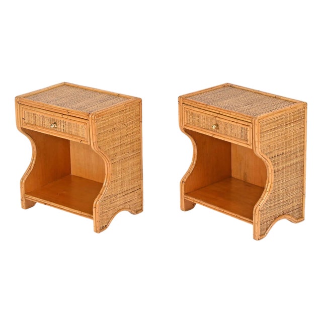 French Riviera Nightstands in Rattan, Wicker and Brass, Italy, 1970s, Set of 2 For Sale