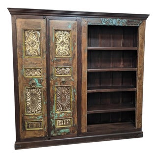 1970s Farmhouse Style Vintage Carved Doors Repurposed 92" Wide Bookcase Armoire For Sale