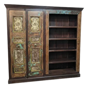 1970s Farmhouse Style Vintage Carved Doors Repurposed 92" Wide Bookcase Armoire