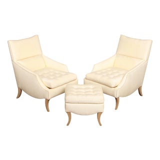 R. Jones Regency Style Pair of Lounge Chairs and Ottoman For Sale