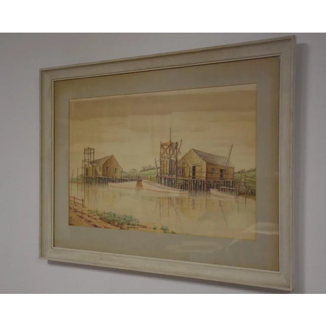 Beautiful vintage watercolor painting with immaculate detail of a boating harbor.