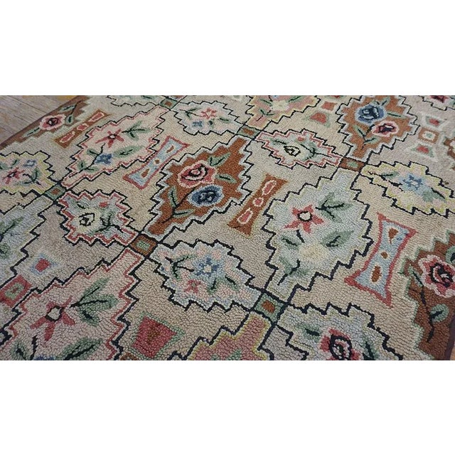 Wonderful Beige Background With Geometric Shapes and Floral Design Antique American Hooked Rug For Sale - Image 9 of 11