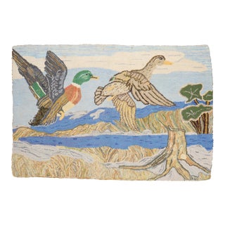 Mid 20th Century Scenic Duck American Hooked Pictorial Rug For Sale