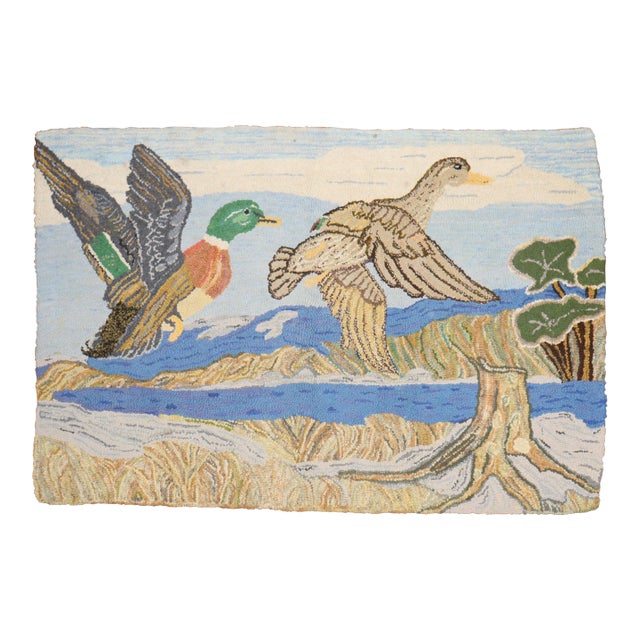Mid 20th Century Scenic Duck American Hooked Pictorial Rug For Sale