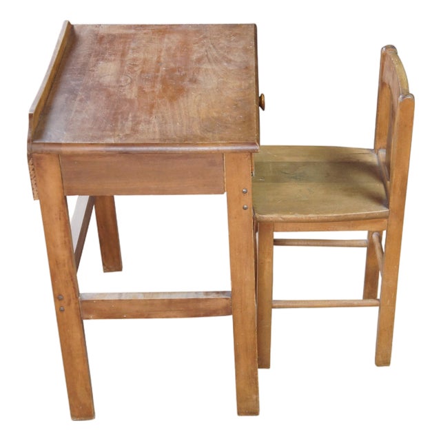 Vintage Oak Childs Childrens Schoolhouse Writing Desk Table & Chair For Sale
