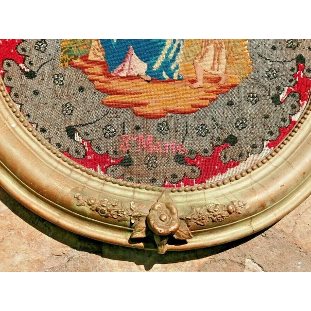 19th Century Antique French Hand Stitched Framed Needlepoint Tapestry "Ste Marie" For Sale - Image 4 of 13