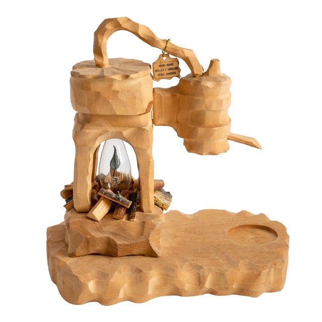 1980s Niklas 2 Snidare Hand-Carved Folk Art Wood Lamp For Sale