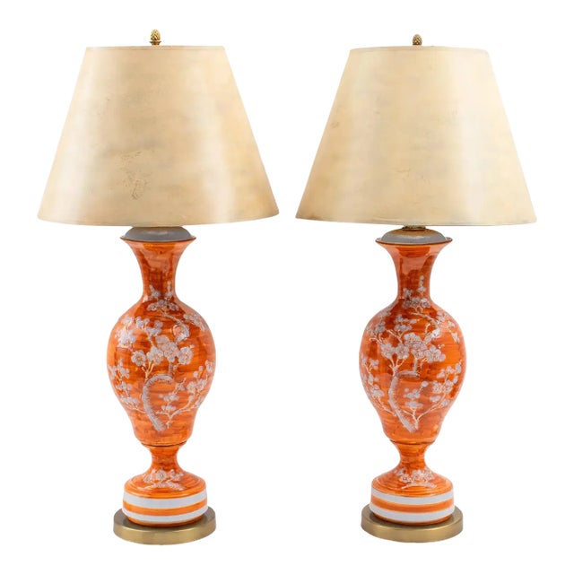 Pair of 1950s Large Ceramic Lamps With Hand Painted Asian Design For Sale