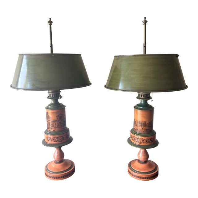 1940s French Neoclassical Painted Tole Table Lamps With Metal Shades - a Pair For Sale