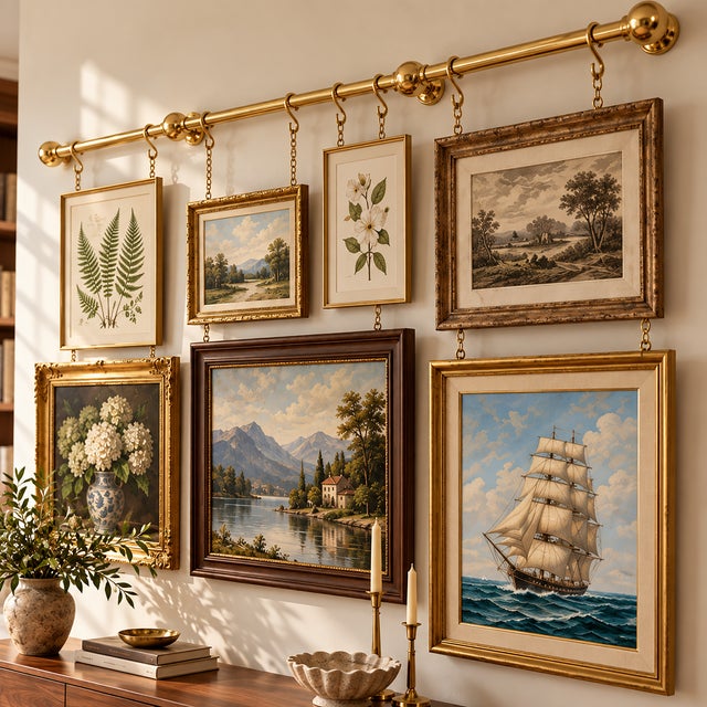 Brass Picture Rail Hanging System With Chains & Hooks, Vintage Gallery Wall Rail, Adjustable Art Picture Hanger, Solid Brass Hardware For Sale - Image 15 of 15