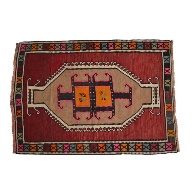 1960s Handmade Turkish Kilim Rug Flat Weave Tribal Area Rug - 3'6" X 4'11" For Sale