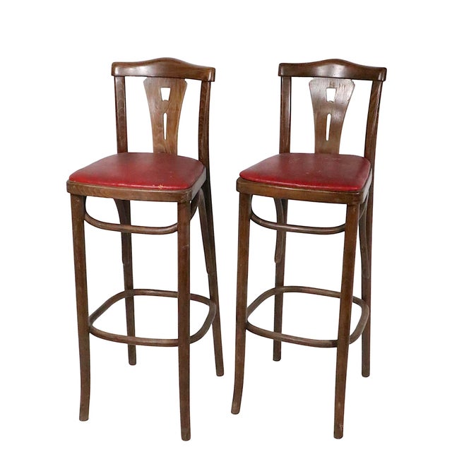 Traditional Mid 20th Century Pr. Bentwood Counter Stools by Thonet For Sale - Image 3 of 13