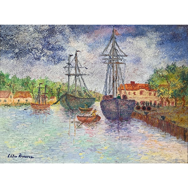 Impressionist 1960s Lélia Pissarro Signed Oil Painting French Harbor Port Landscape Impressionist For Sale - Image 3 of 7