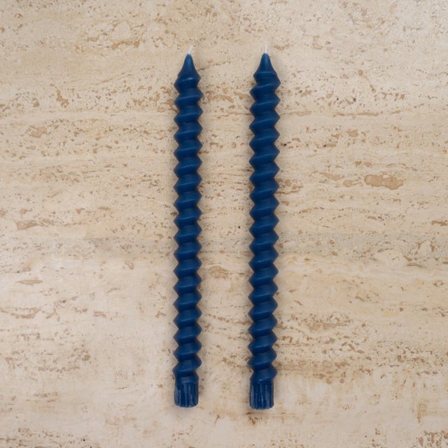 Mid-Century Modern Postmodern Spiral Taper Candles in Lucid Blue - a Pair For Sale - Image 3 of 4