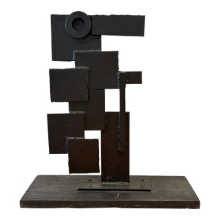 1970s Abstract Sculpture in Welded Steel Iron & Wood For Sale
