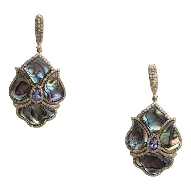 1990s Pair of Abalone Shell, Diamonds and Tanzanite Dangle Earrings For Sale