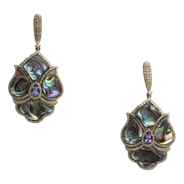 Pair of Abalone Shell, Diamonds and Tanzanite Dangle Earrings For Sale
