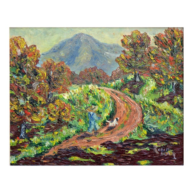 Beautiful impasto landscape of a figure and dog walking on a road leading to Mt. Tamalpais by Northern California artist...