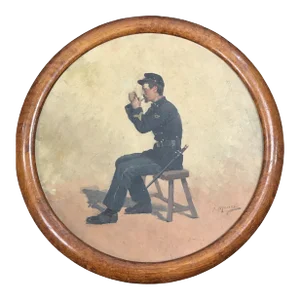 Antique French Oil Painting of Cavalryman Smoking by Listed Artist Jules Monge