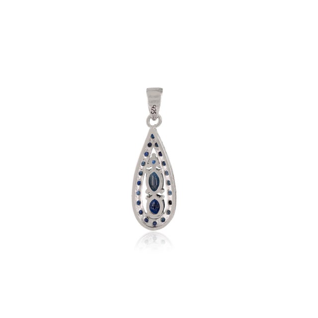 Metal Art Deco 925 Silver Teardrop Shape Pendant With Blue Sapphire - Wedding Gift For Sale - Image 7 of 11