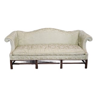 Late 20th Century Hickory Chair Mahogany Chippendale Style Sofa Green Silk Damask Fabric Made Usa For Sale
