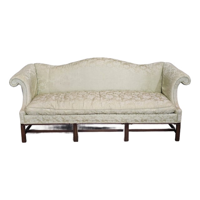 Late 20th Century Hickory Chair Mahogany Chippendale Style Sofa Green Silk Damask Fabric Made Usa For Sale