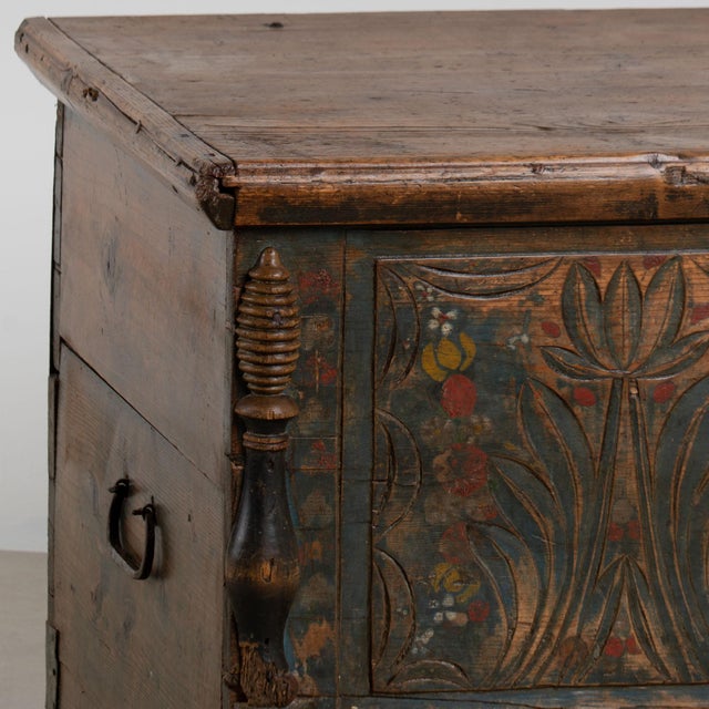 Blue 19th Century Blue Painted Carved Flat Top Trunk With Drawer From Hungary For Sale - Image 8 of 14