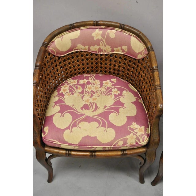 Mid 20th Century Vintage Hollywood Regency Faux Bamboo Cane Barrel Back Lounge Chairs (A) - Pair For Sale - Image 5 of 12