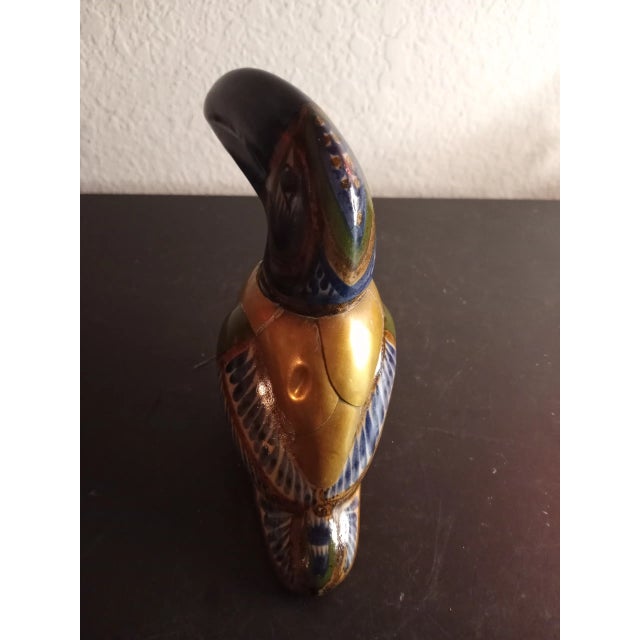 Mexican 1970s Sergio Bustamante Style Tonala Brass & Ceramic Toucan Figurine For Sale - Image 3 of 7