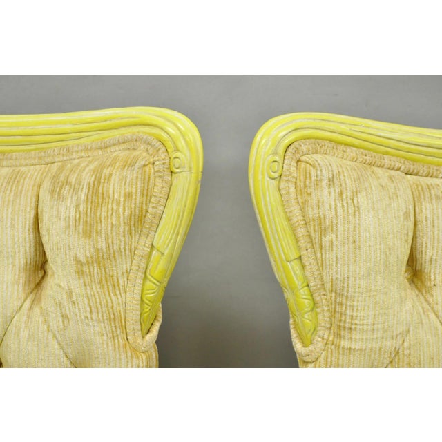 Vintage French Hollywood Regency Yellow Tufted Drape Carved Side Chairs - A Pair For Sale - Image 4 of 16