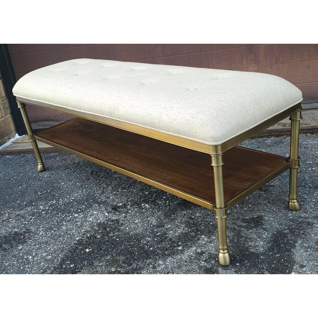 Linen Modern Steel, Wood and Tufted Linen Upholstered Tiered Bench For Sale - Image 8 of 10
