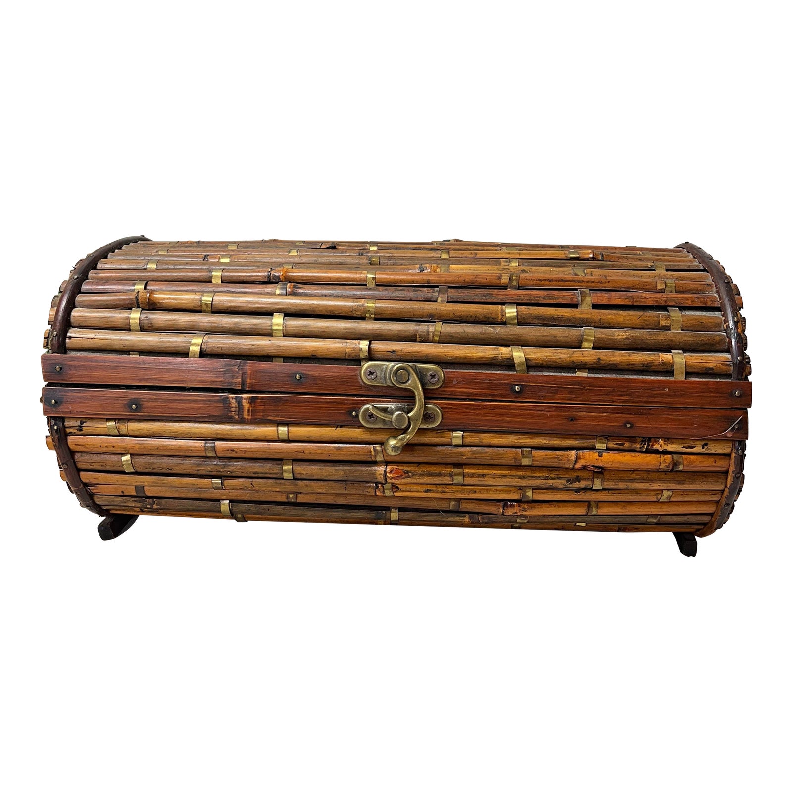 Bamboo Pencil Reed Dome Shaped Box With Brass Crossband Accents | Chairish