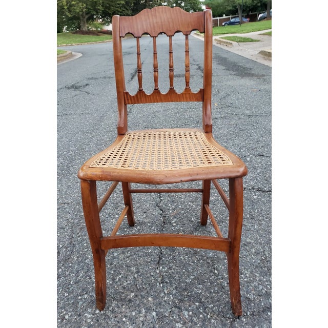 Pair of Early 20th Century Victorian Tiger Maple and Cane Seat Side