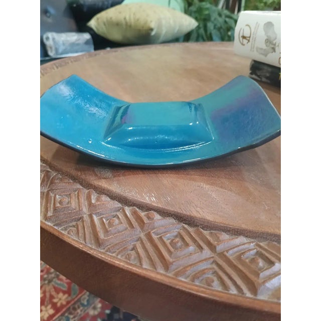 Aqua Mid-Century Aqua Fused Glass Ashtray or Catchall With Foil Center For Sale - Image 8 of 9