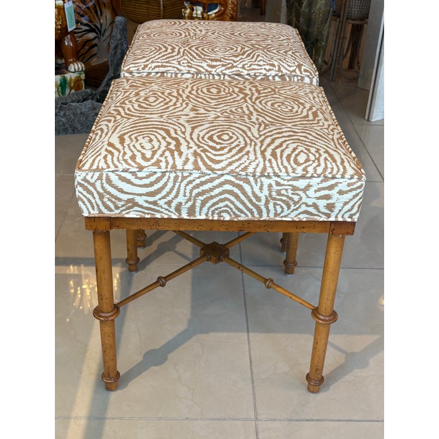 Pair Vintage Faux Bamboo Wood Benches Ottomans Newly Upholstered Quadrille For Sale - Image 12 of 12