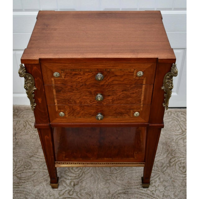 Inlaid Wood Nightstand Vintage Italian 3 Drawer Marble Accent Chest Brass Ormolu 80s For Sale - Image 4 of 13