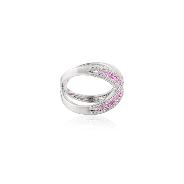 Metal Pink Sapphire & Diamond Criss Cross Cocktail Ring- Round Cut Gemstone Midi Finger Ring Size 5 For Sale - Image 7 of 11
