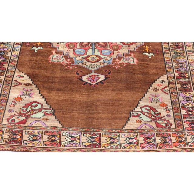 Vintage Turkish Kars Rug With Medallion on a Brown Field With Pops of Color 9'4" X 10'2" For Sale - Image 4 of 10