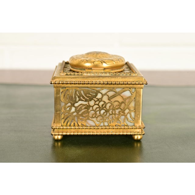 Bronze Tiffany Studios New York Grapevine Bronze Doré and Favrile Slag Glass Inkwell For Sale - Image 8 of 14