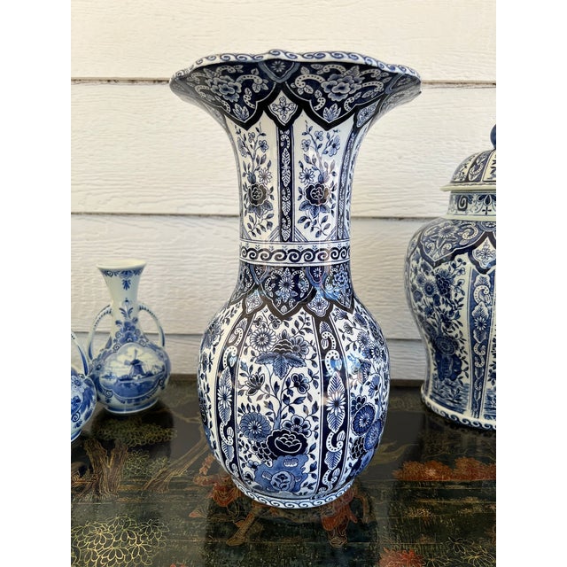 Vintage Large Delft Trumpet Vase Blue and White Floral Boch Royal Sphinx Urn For Sale In Dallas - Image 6 of 18