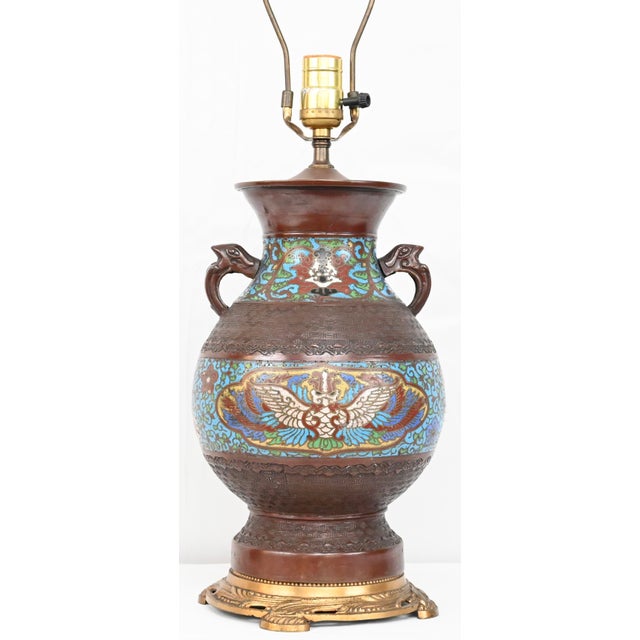 Japanese Cloisonne Table Lamp Mounted on Brass For Sale - Image 4 of 6